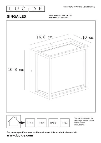Lucide SINGA LED - Wandlamp Binnen/Buiten - LED - 1x10W 3000K - IP54 - Zwart - technisch